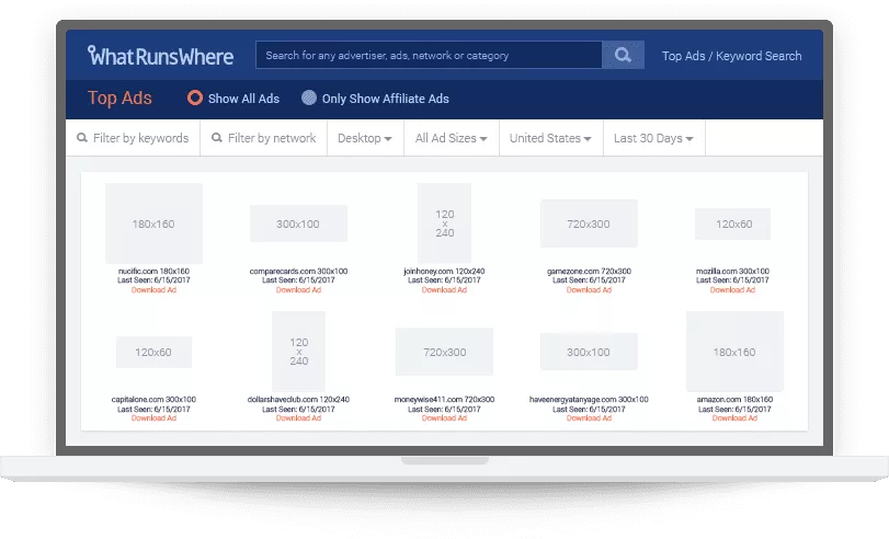 Easily search and navigate through ads across the internet using WhatRunsWhere.
