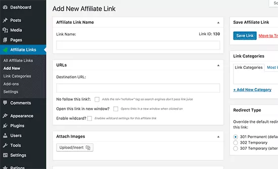A screenshot of how to add new affiliate links on Thirsty Affiliates
